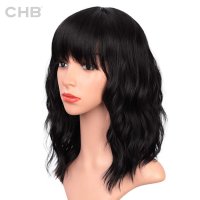Black Wigs with Bangs for Women 14 Inches Synthetic Curly Bob Wig for Girl Natural Looking Wavy Wigs